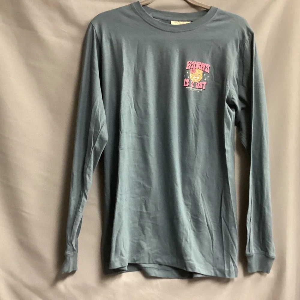 Simply Southern Karma Is A Cat Graphic Long Sleeve T-Shirt Women's‎ S Dusty Blue